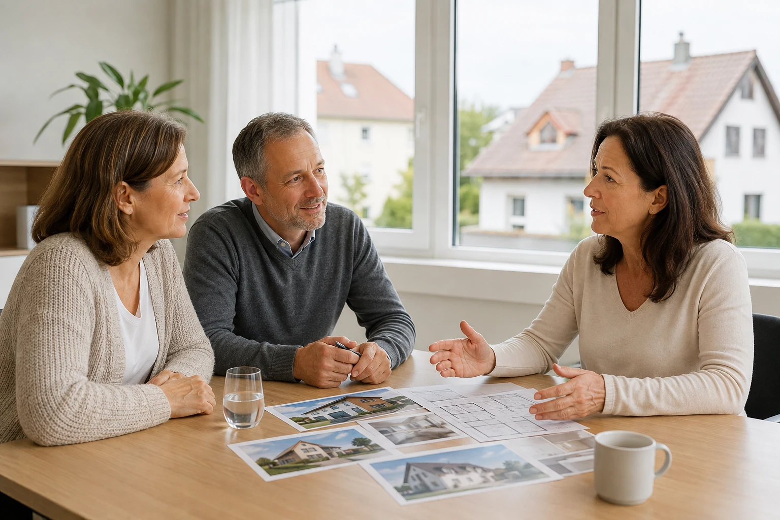 Berufserfahrene Frau und Mann sprechen mit einer Beraterin über Tätigkeiten im Immobilienverkauf